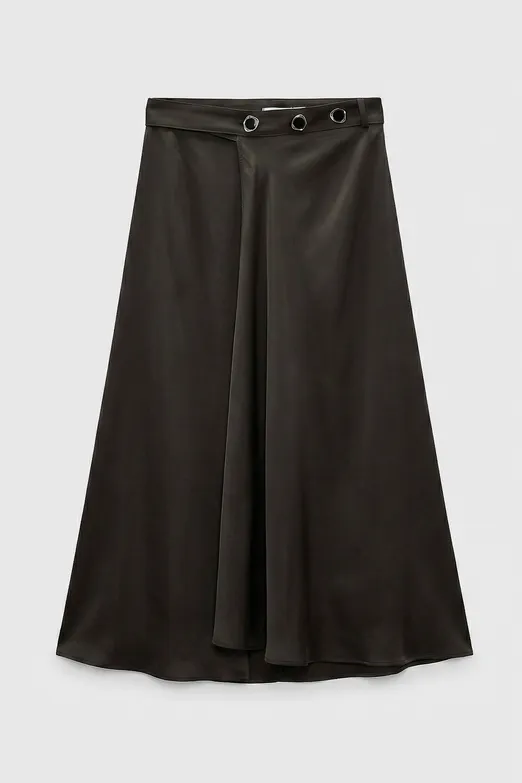 Bayan Yeşil Saten Anvelop Kapama Midi Etek - BSL