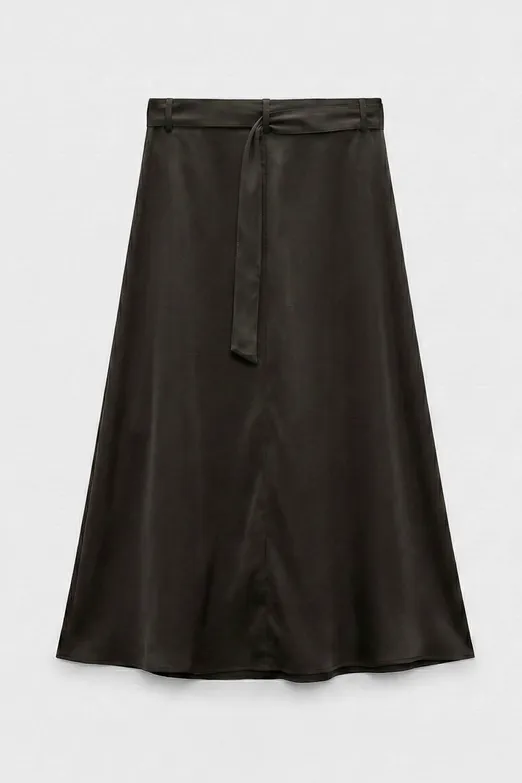 Bayan Yeşil Saten Anvelop Kapama Midi Etek - BSL