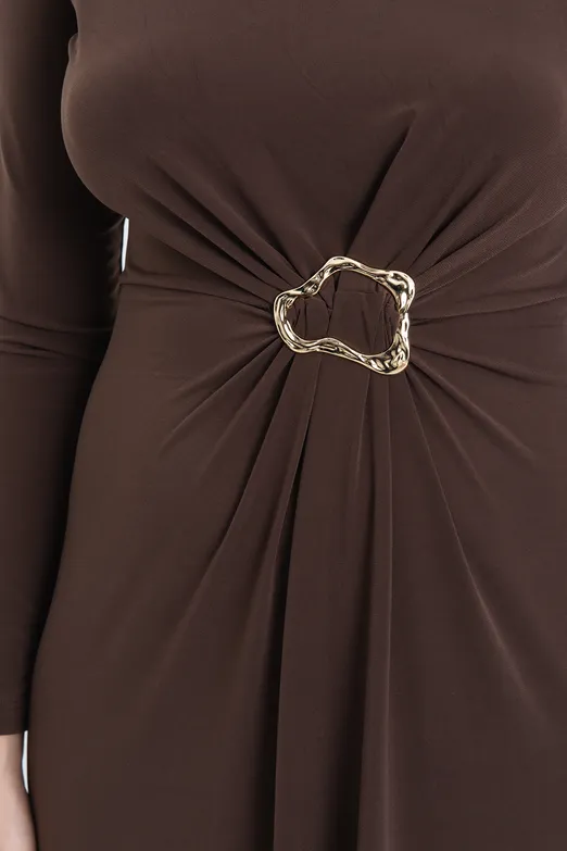 Bayan Kahverengi Toka Detaylı Midi Elbise - BSL