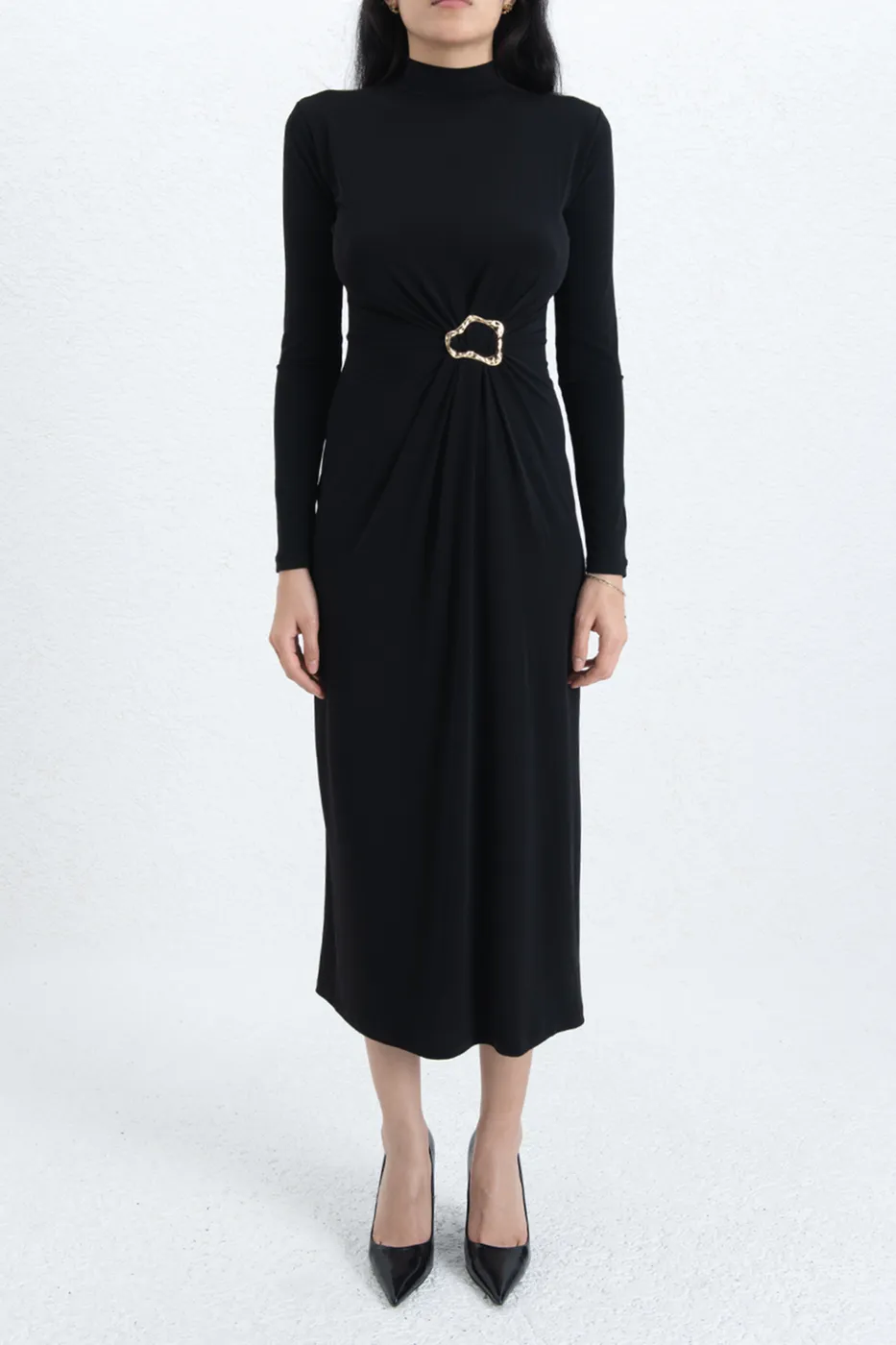 Bayan Siyah Toka Detaylı Midi Elbise