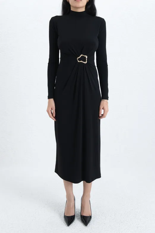 Bayan Siyah Toka Detaylı Midi Elbise - BSL