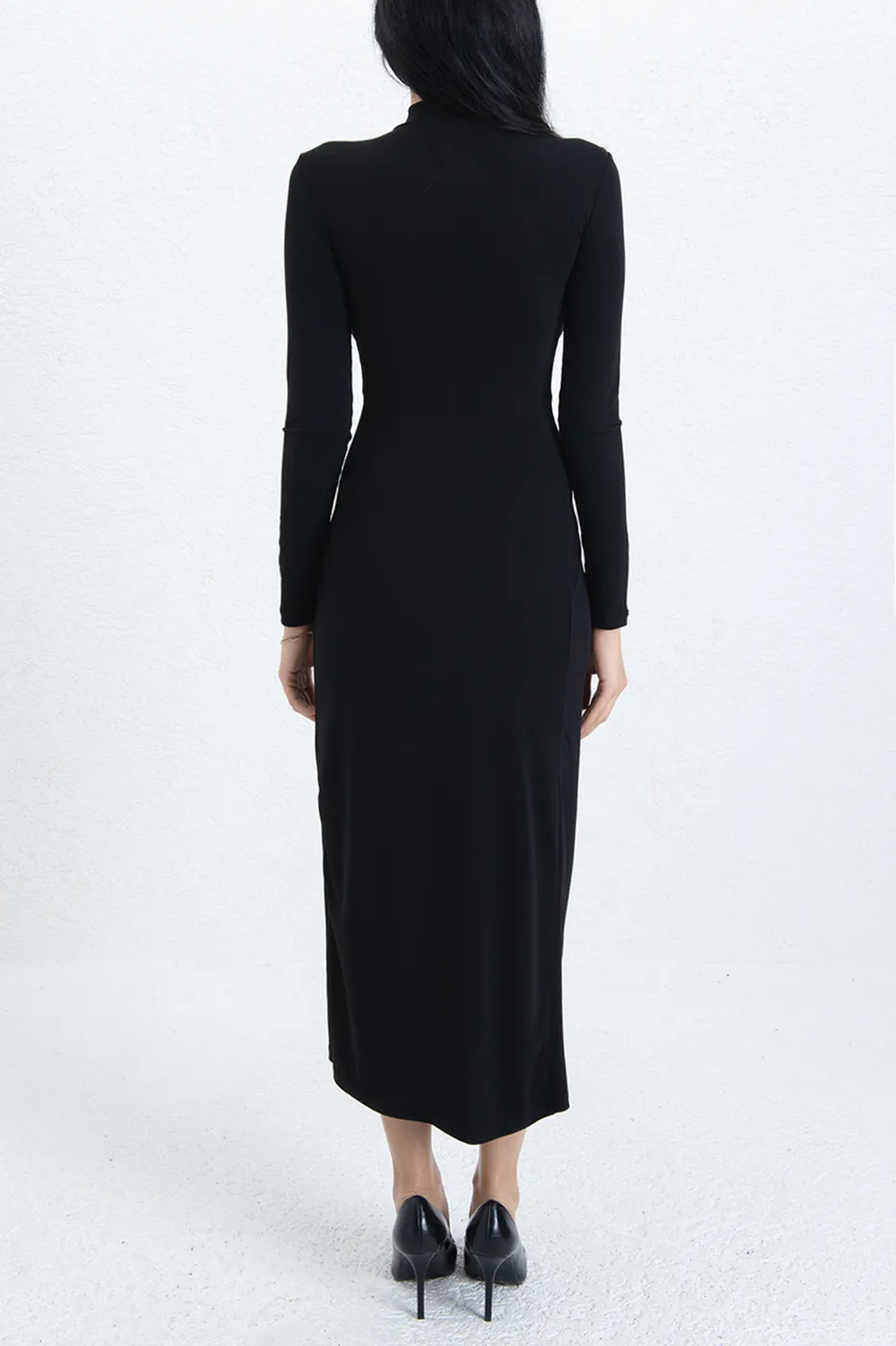 Bayan Siyah Toka Detaylı Midi Elbise