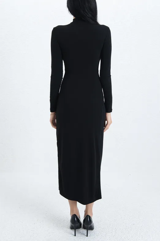 Bayan Siyah Toka Detaylı Midi Elbise - BSL
