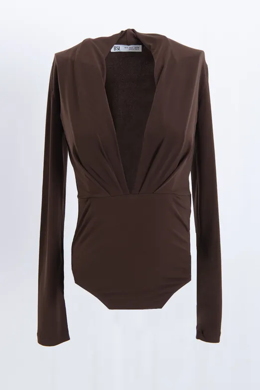 Bayan Kahverengi Derin V Yakalı Bodysuit - BSL