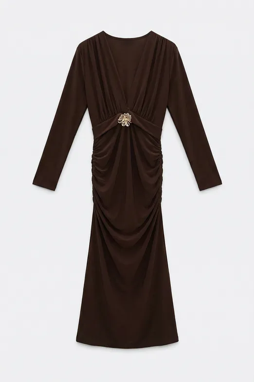 Bayan Kahverengi Toka Detaylı Deapeli Kalem Elbise - BSL