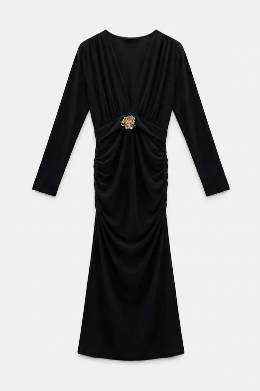 Bayan Siyah Toka Detaylı Deapeli Kalem Elbise - BSL