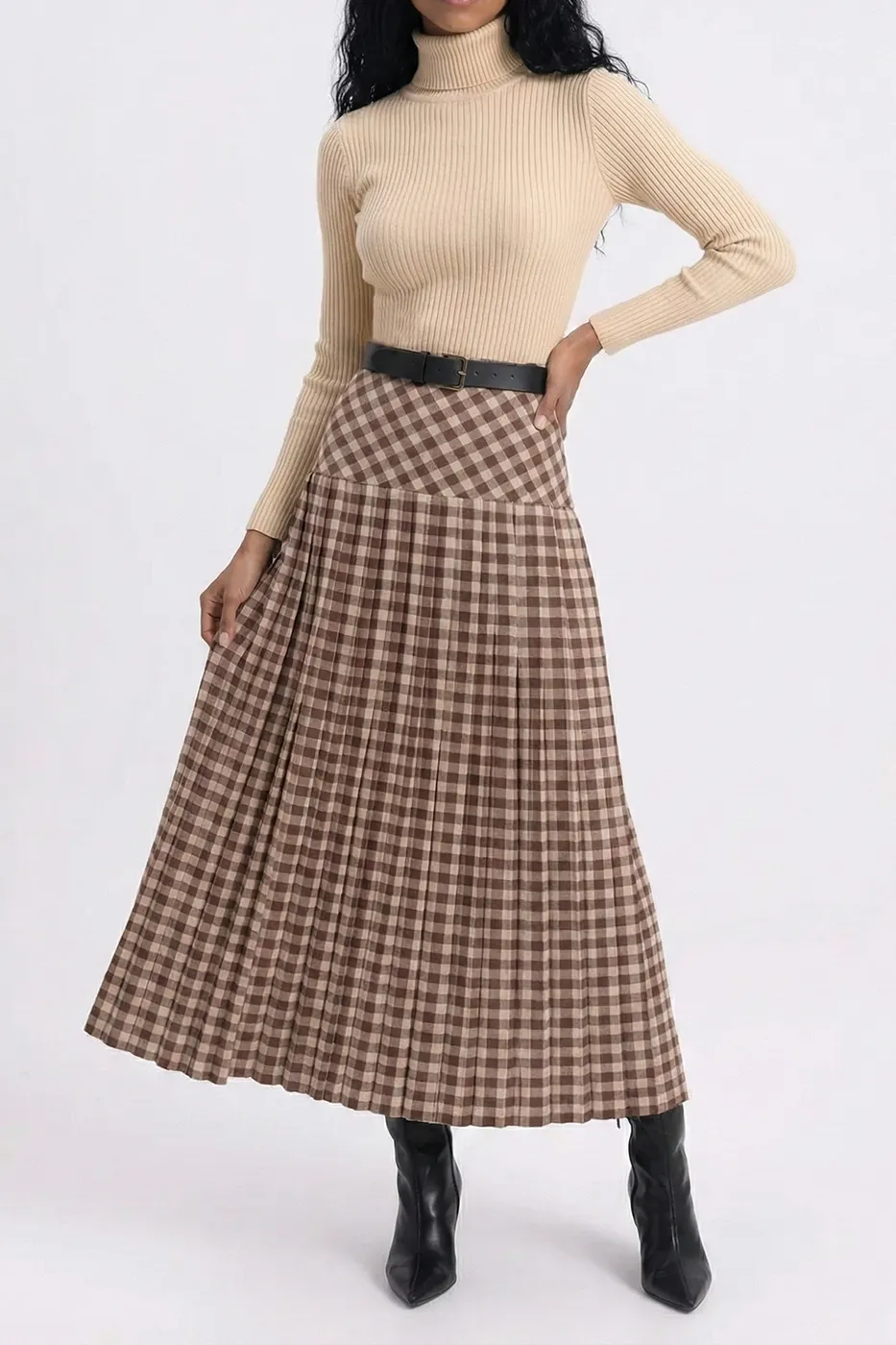 Bayan Kahverengi Piliseli Maksi Etek