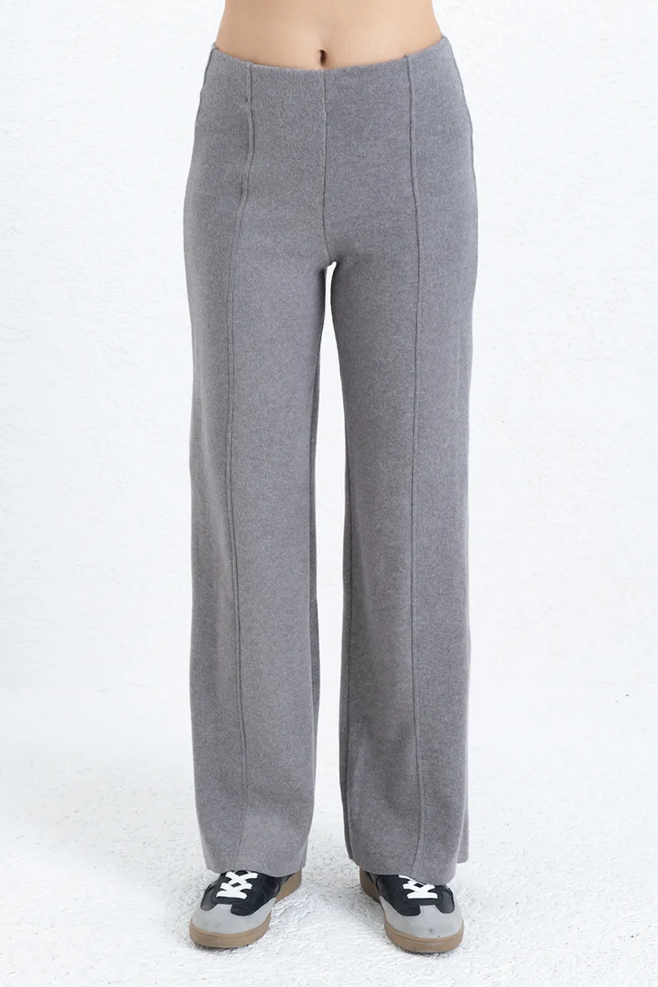 Bayan Gri Nervür Dikiş Yüksek Bel Pantolon