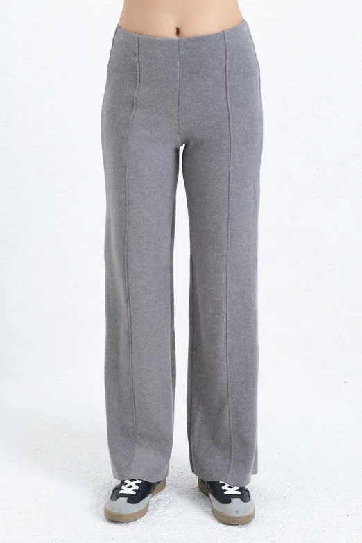 Bayan Gri Nervür Dikiş Yüksek Bel Pantolon - BSL