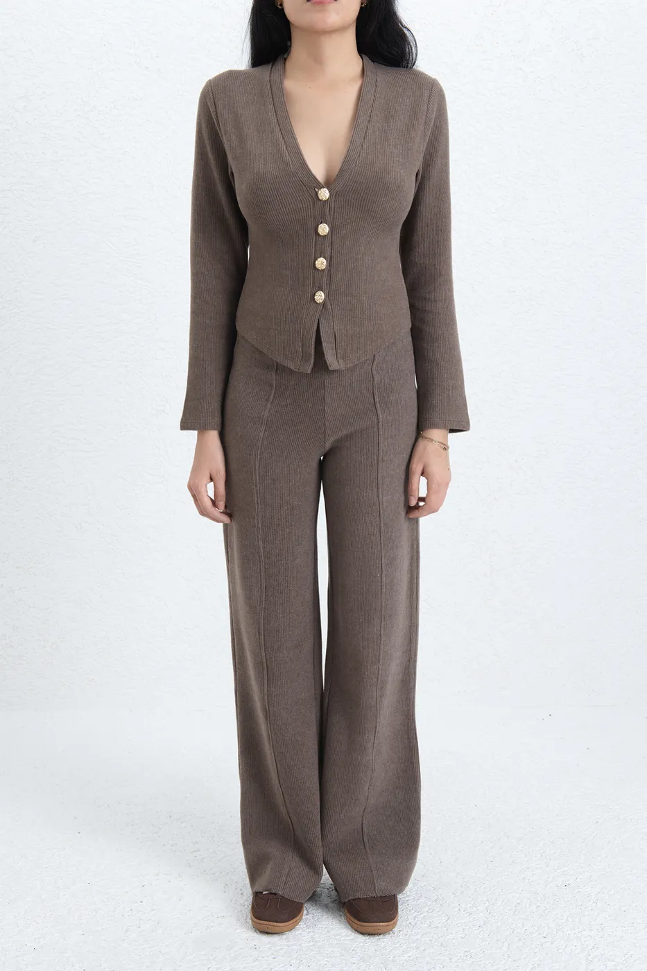 Bayan Kahverengi Nervür Dikiş Yüksek Bel Pantolon