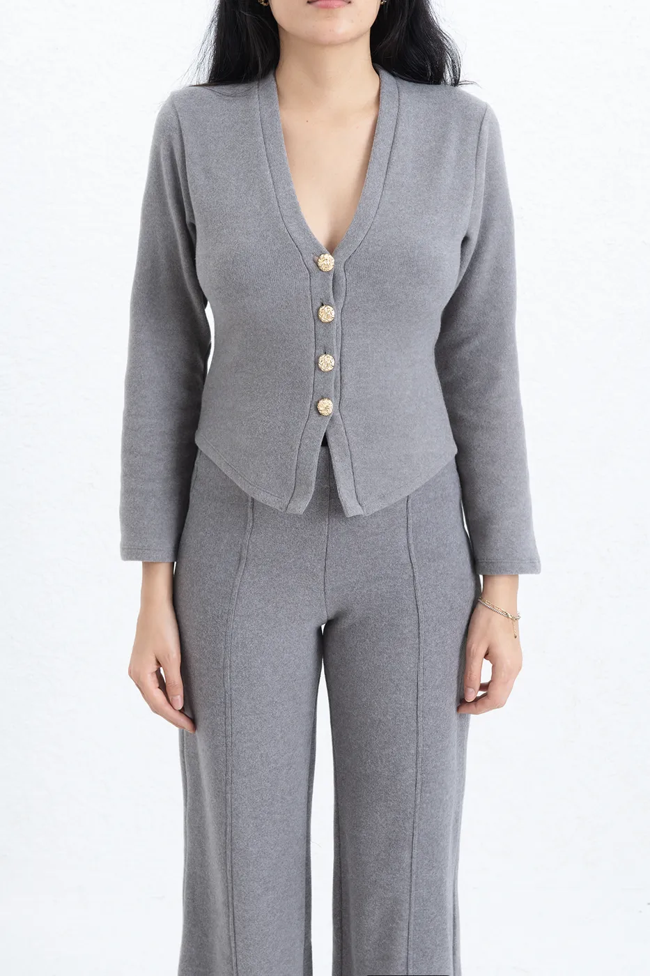 Bayan Gri Düğmeli Hırka