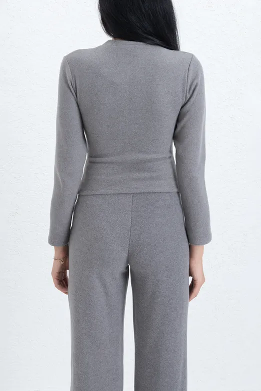 Bayan Gri Düğmeli Hırka - BSL