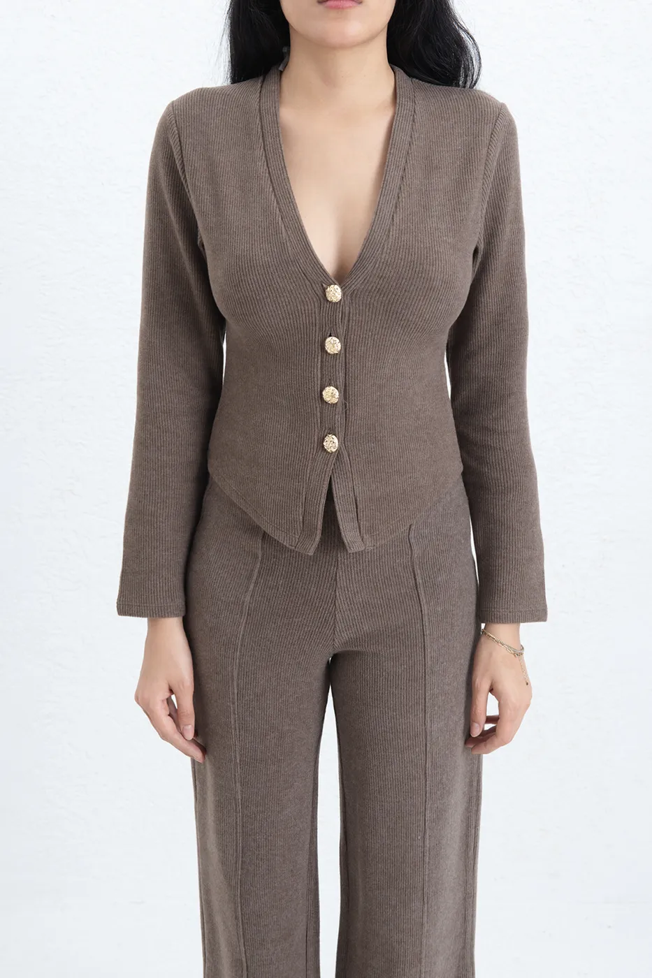 Bayan Kahverengi Düğmeli Hırka