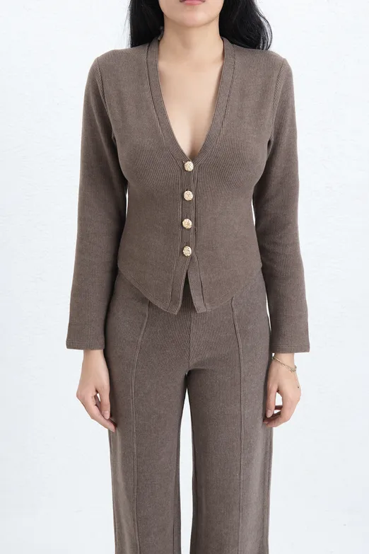 Bayan Kahverengi Düğmeli Hırka - BSL