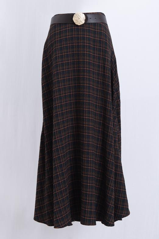 Kemerli Ekoseli Kloş Midi Etek