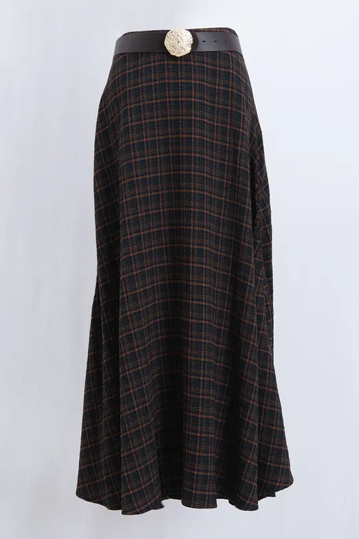 Bayan Haki Kemerli Ekoseli Kloş Midi Etek - BSL