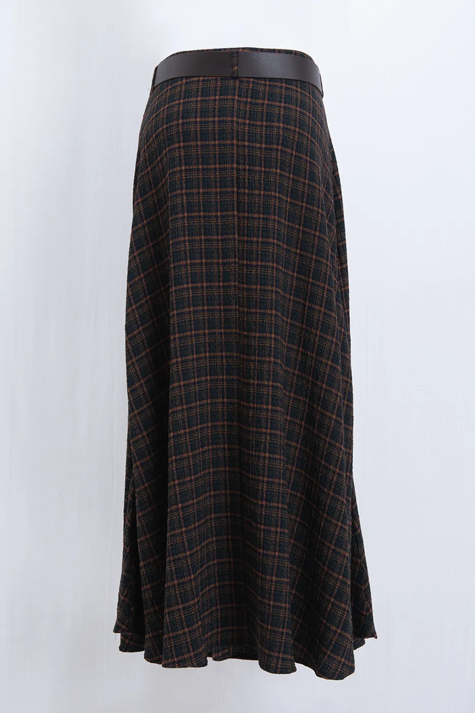 Bayan Haki Kemerli Ekoseli Kloş Midi Etek