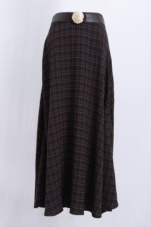 Kemerli Ekoseli Kloş Midi Etek