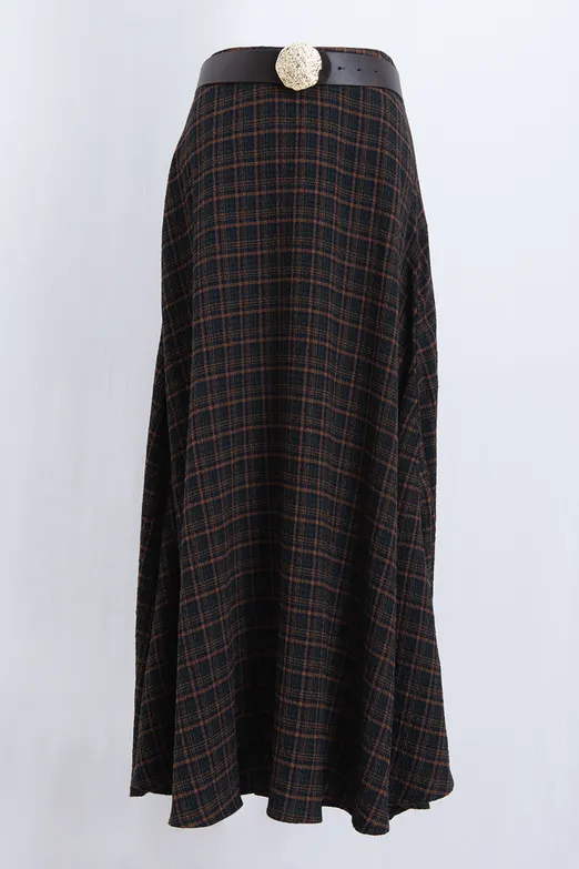 Bayan Haki Kemerli Ekoseli Kloş Midi Etek - BSL