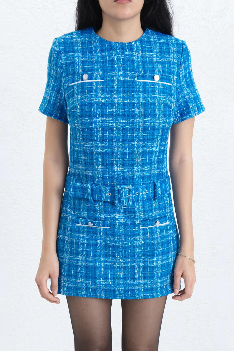 Bayan Mavi Kemerli Tüvit Mini Elbise