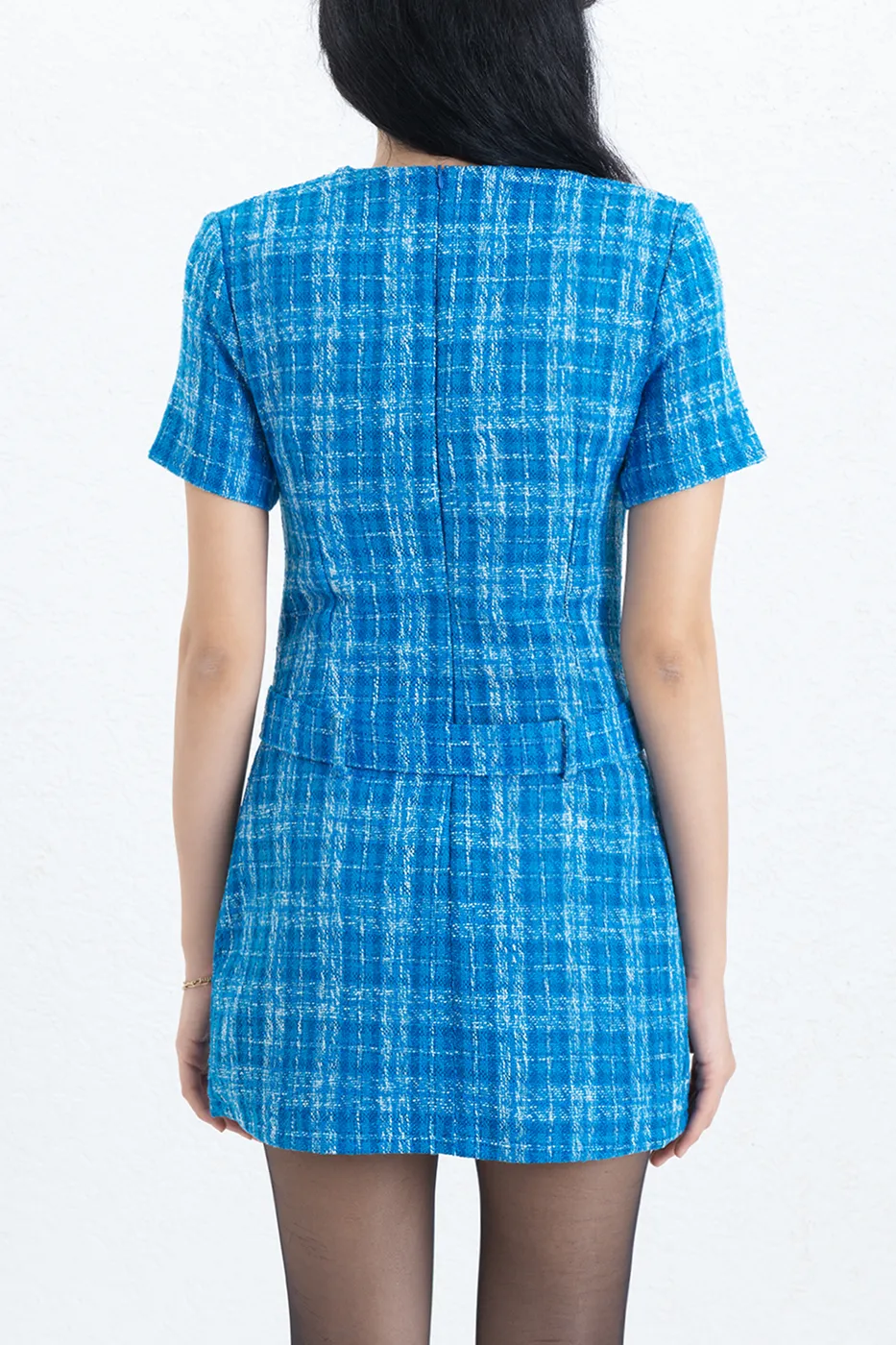 Bayan Mavi Kemerli Tüvit Mini Elbise