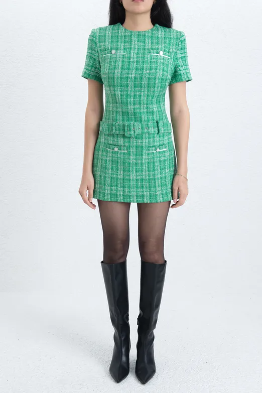 Bayan Yeşil Kemerli Tüvit Mini Elbise - BSL