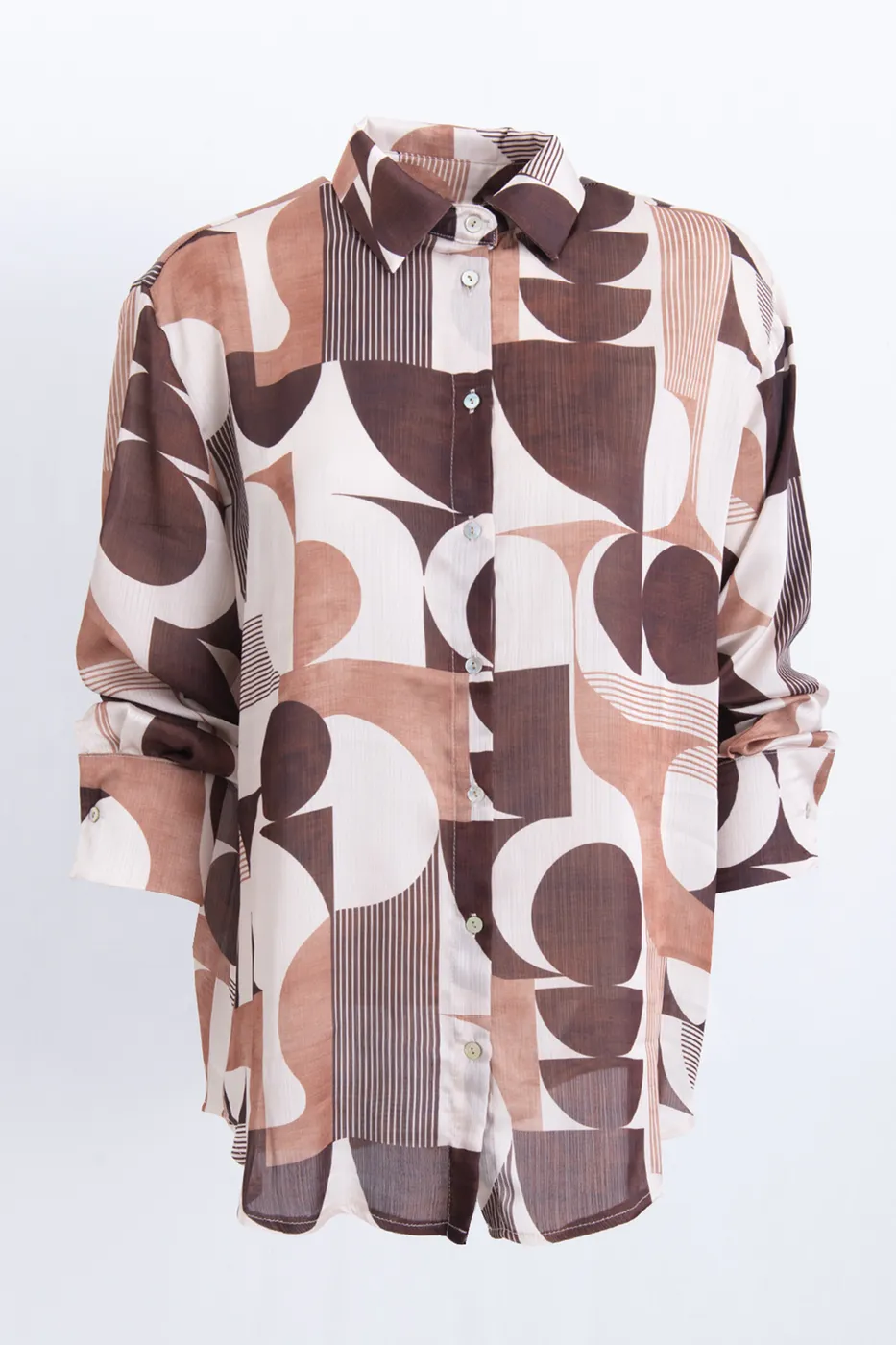 Bayan Kahverengi Geometrik Desen Gömlek