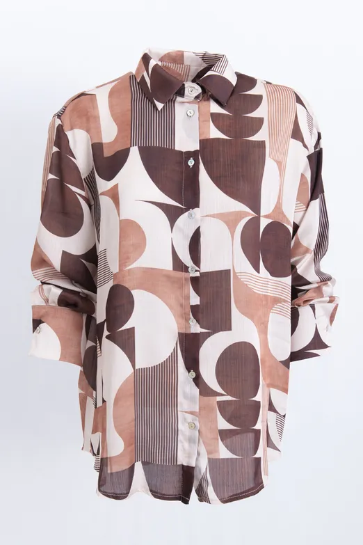Bayan Kahverengi Geometrik Desen Gömlek - BSL