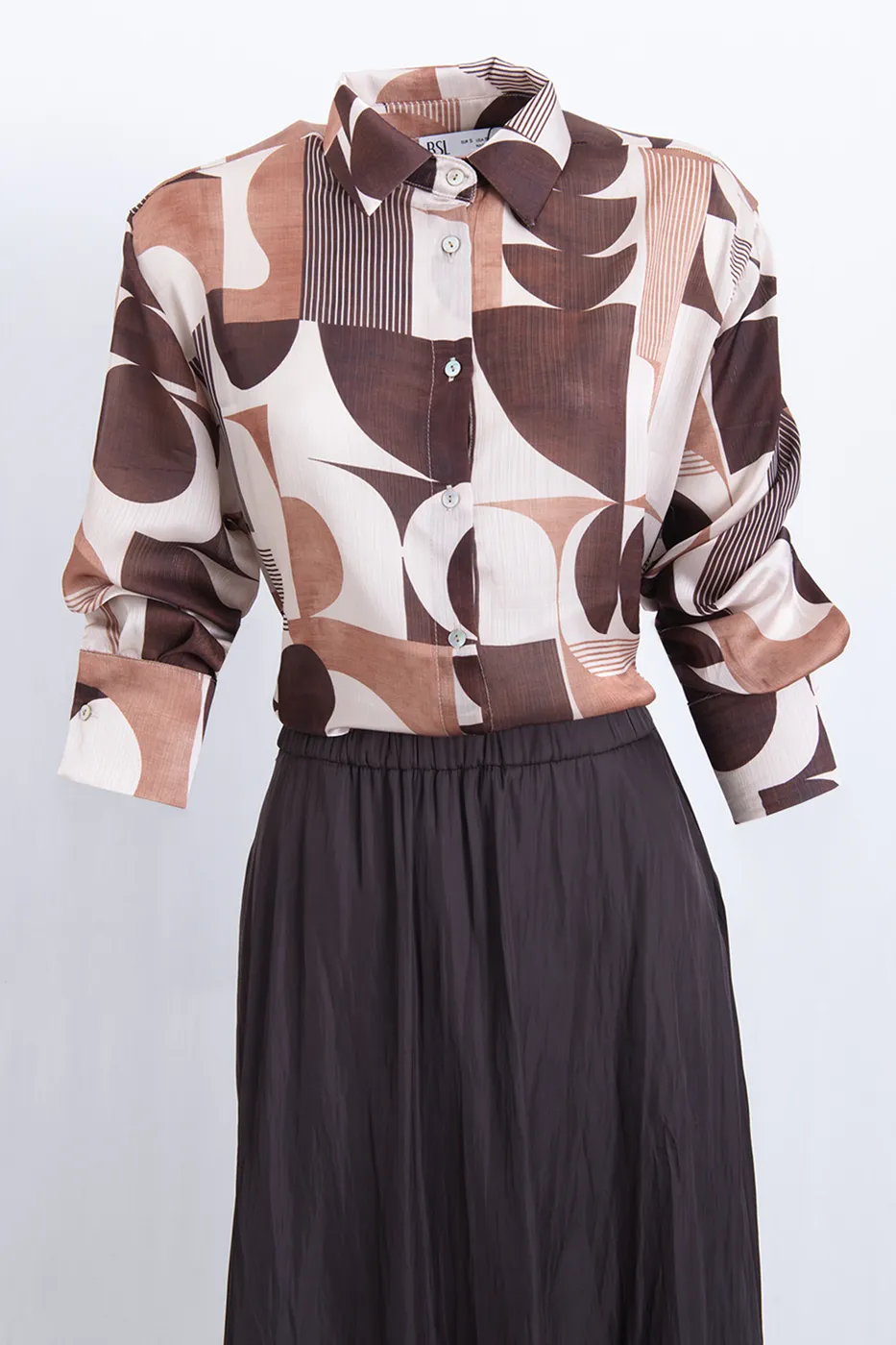Bayan Kahverengi Geometrik Desen Gömlek