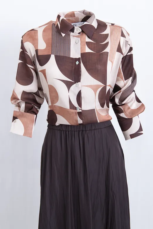 Bayan Kahverengi Geometrik Desen Gömlek - BSL