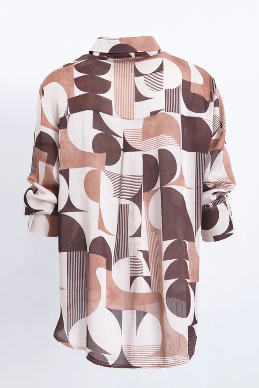Bayan Kahverengi Geometrik Desen Gömlek - BSL