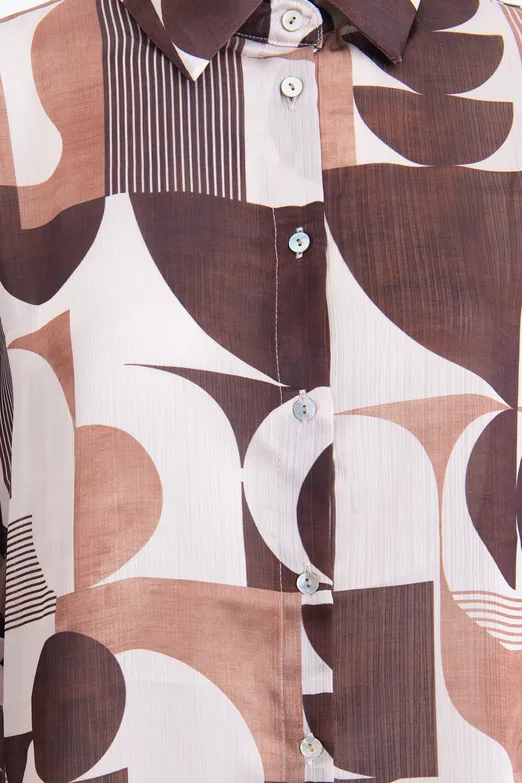 Bayan Kahverengi Geometrik Desen Gömlek - BSL