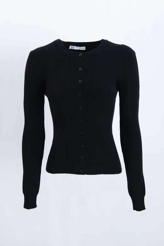 Bayan Siyah Triko Fitilli Slim Hırka - BSL