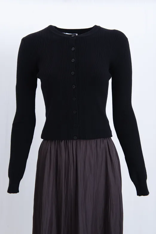 Bayan Siyah Triko Fitilli Slim Hırka - BSL