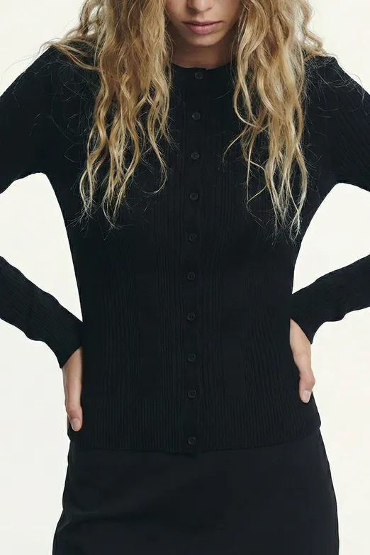 Bayan Siyah Triko Fitilli Slim Hırka - BSL