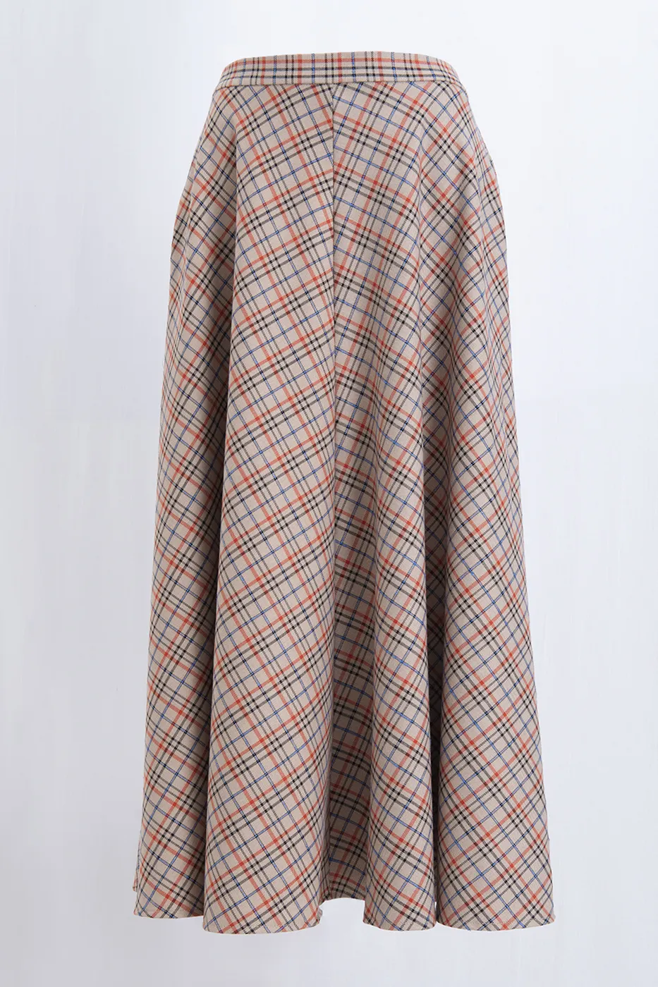 Bayan Bej Ekoseli Kloş Midi Etek