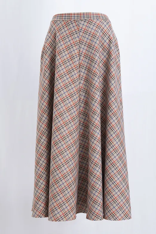 Bayan Bej Ekoseli Kloş Midi Etek - BSL