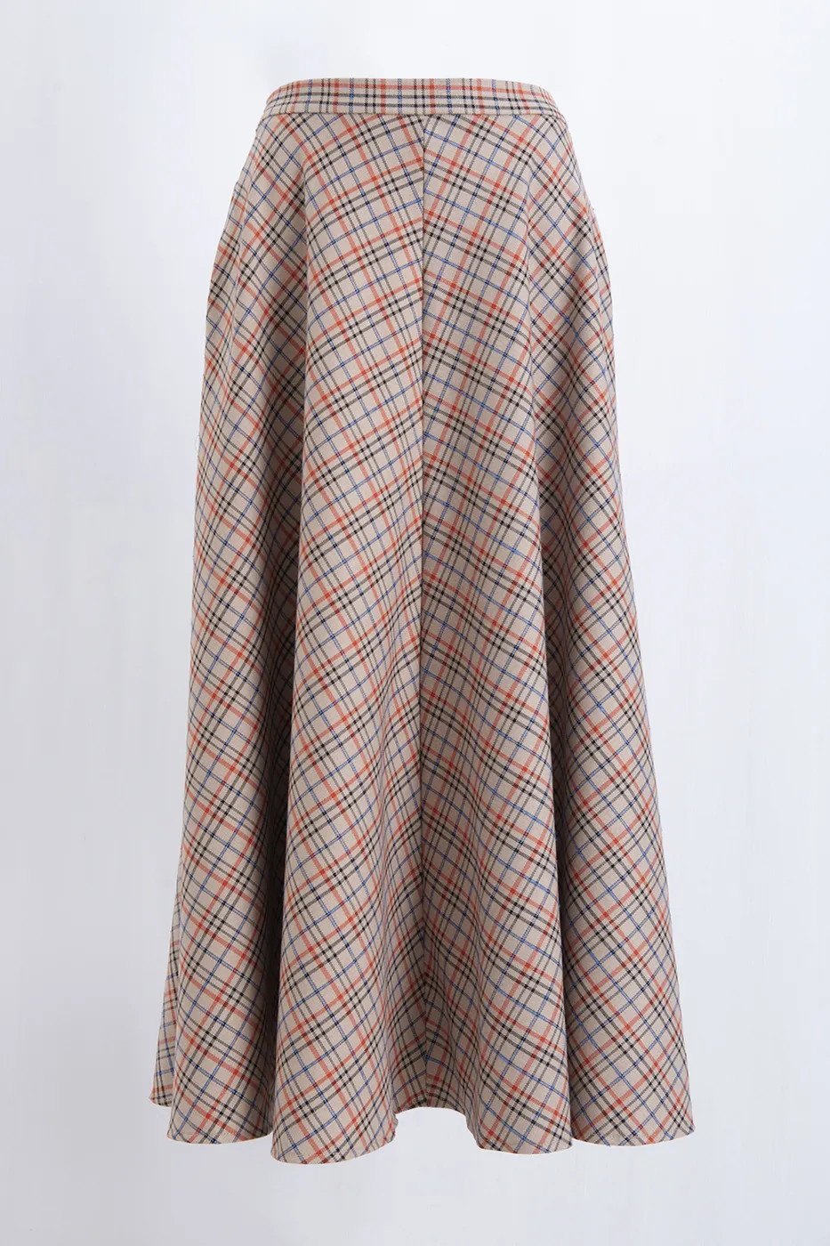 Bayan Bej Ekoseli Kloş Midi Etek