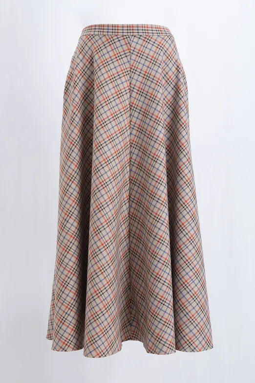 Bayan Bej Ekoseli Kloş Midi Etek - BSL