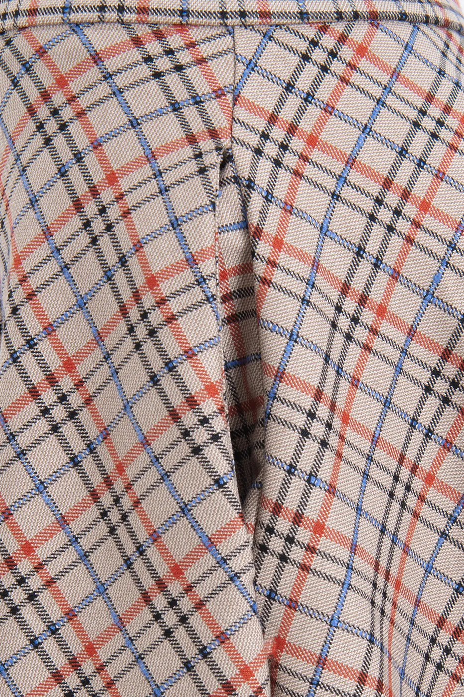 Bayan Bej Ekoseli Kloş Midi Etek