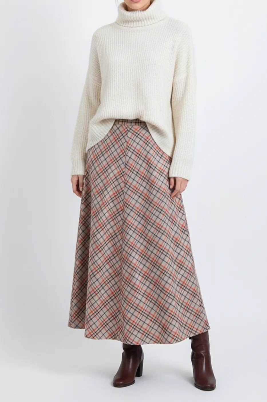 Bayan Bej Ekoseli Kloş Midi Etek