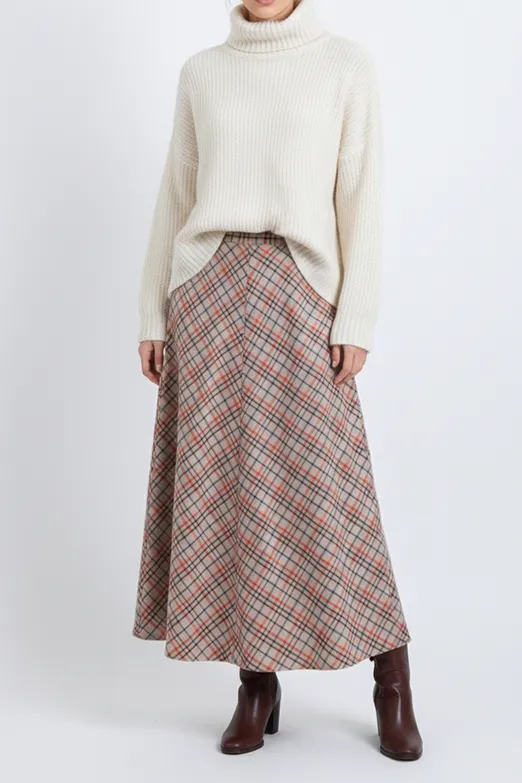 Bayan Bej Ekoseli Kloş Midi Etek - BSL