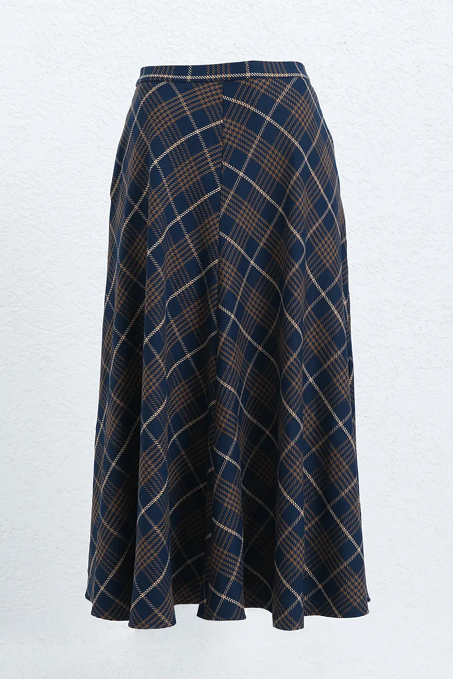 Bayan Lacivert Ekoseli Kloş Midi Etek