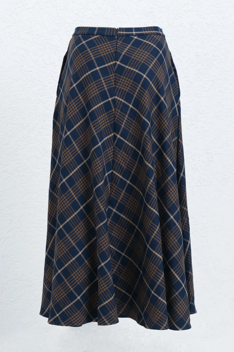 Bayan Lacivert Ekoseli Kloş Midi Etek