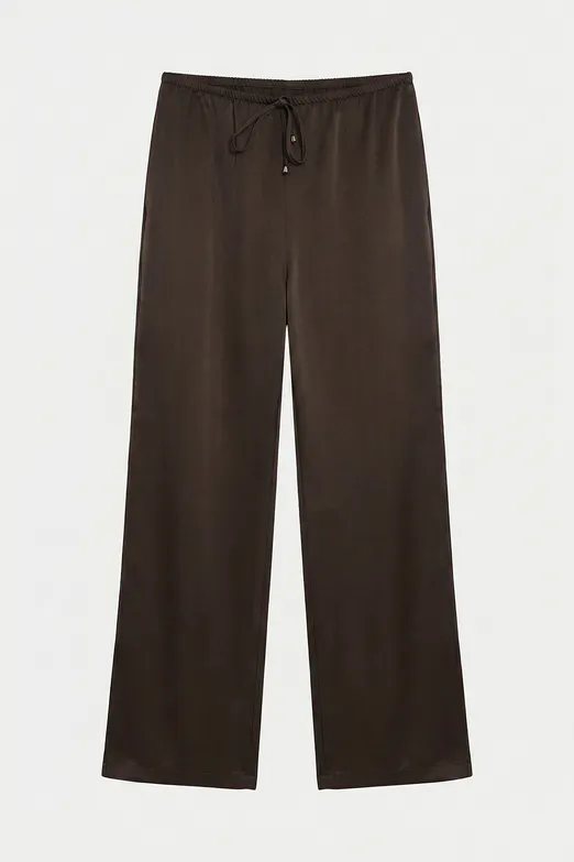 Bayan Kahverengi Saten Düz Kesim Pantolon - BSL