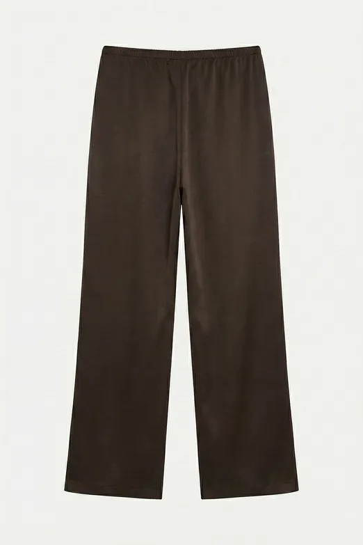 Bayan Kahverengi Saten Düz Kesim Pantolon - BSL