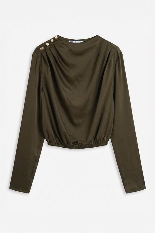 Bayan  Saten Pileli Crop Bluz