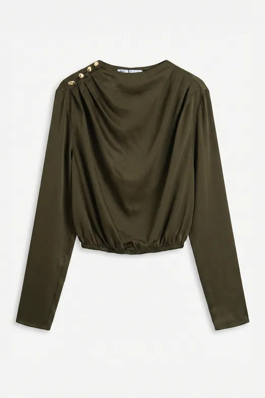 Bayan Haki Saten Pileli Crop Bluz - BSL