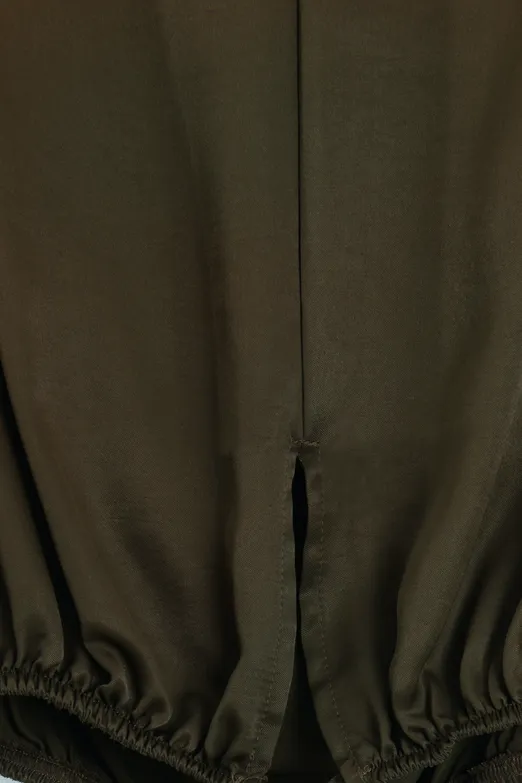 Bayan Haki Saten Pileli Crop Bluz - BSL