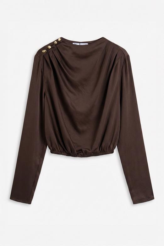 Bayan  Saten Pileli Crop Bluz
